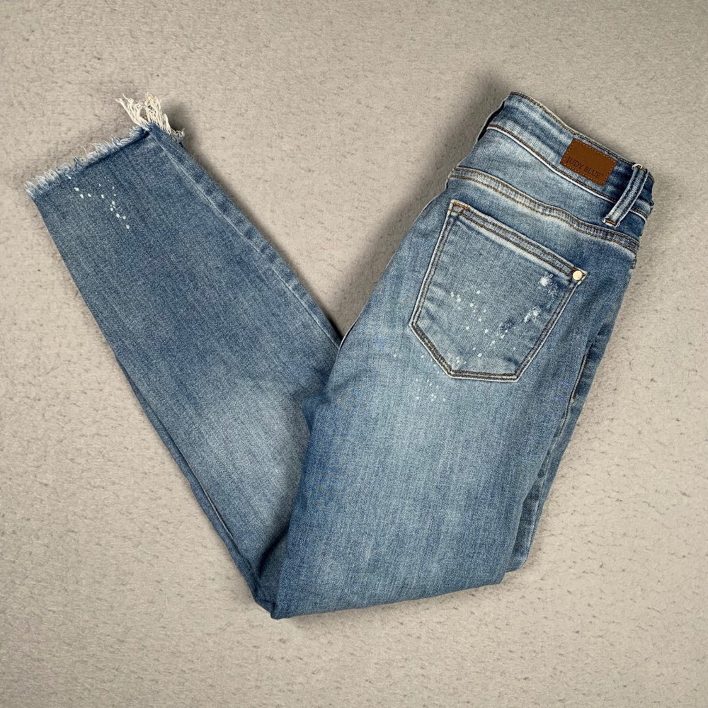 Judy Blue Boyfriend Jeans Womens 5/27 Blue Distressed Paint Splatter